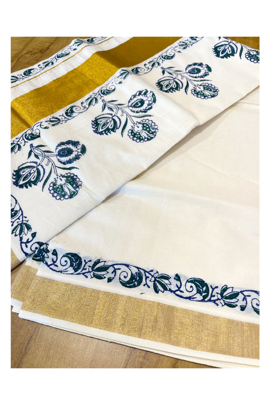 Southloom Cotton Kerala Kasavu Saree with Green and Violet Block Prints On Border