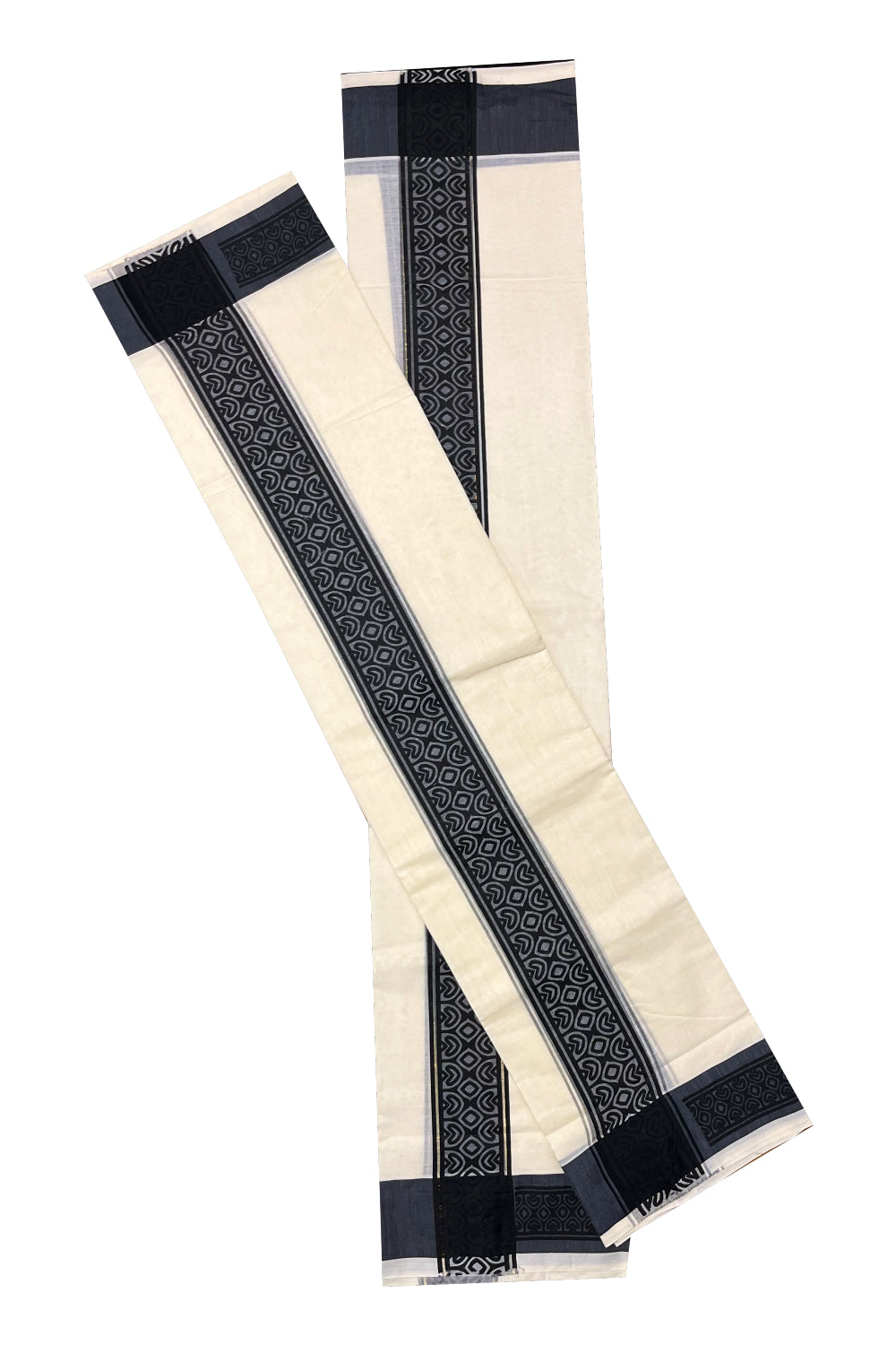 Kerala Cotton Single Set Mundu (Mundum Neriyathum) with Black Block print Border 2.80Mtrs