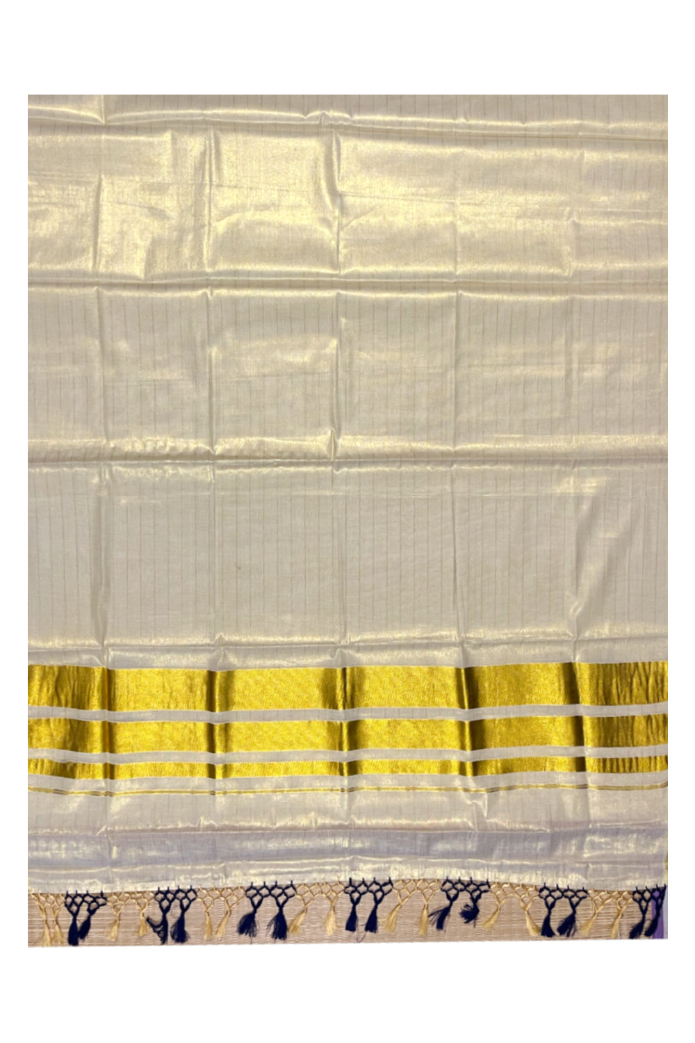 Kerala Tissue Lines Kasavu Saree with Blue Tassels Work