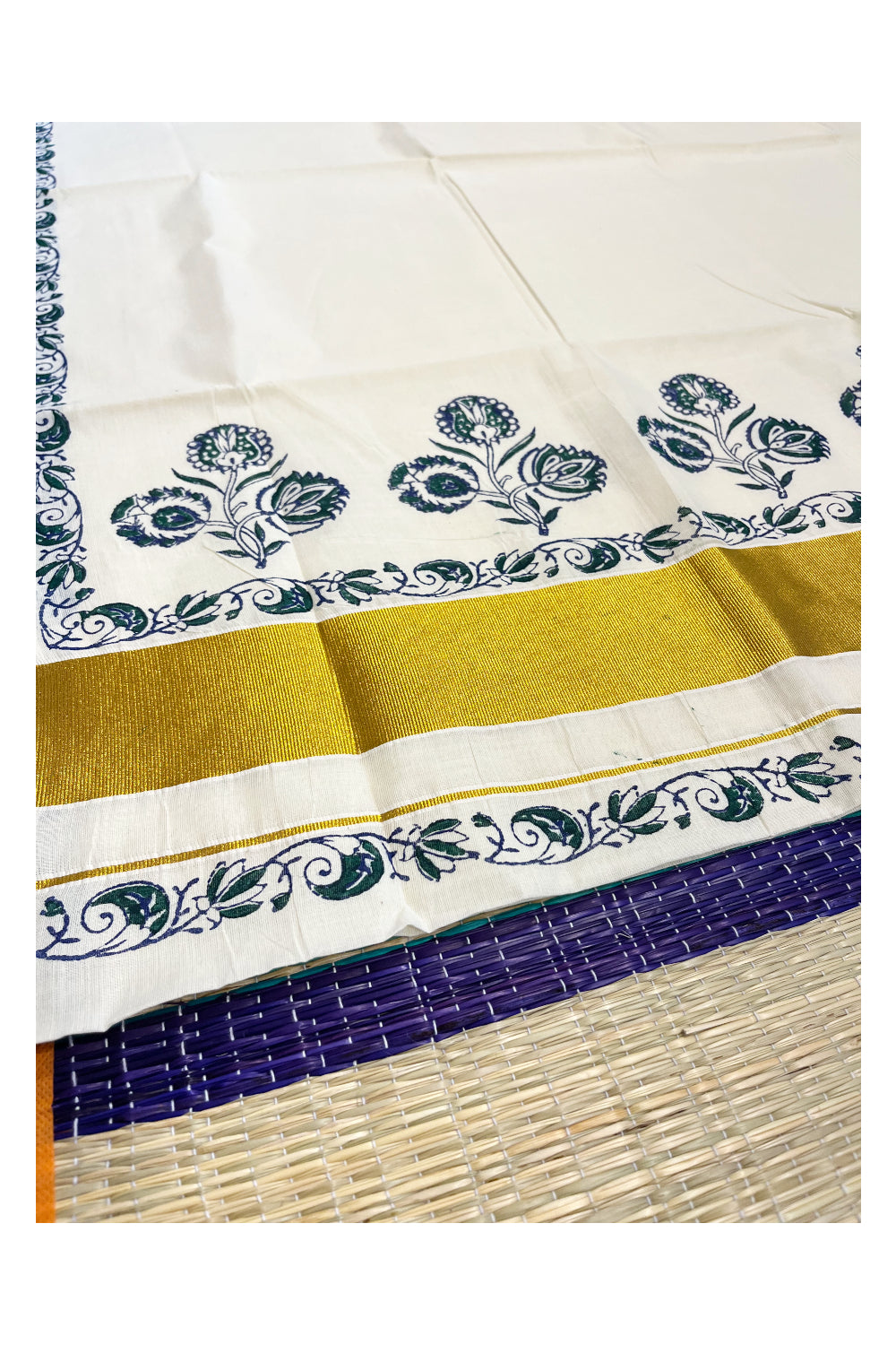 Southloom Cotton Kerala Kasavu Saree with Green and Violet Block Prints On Border
