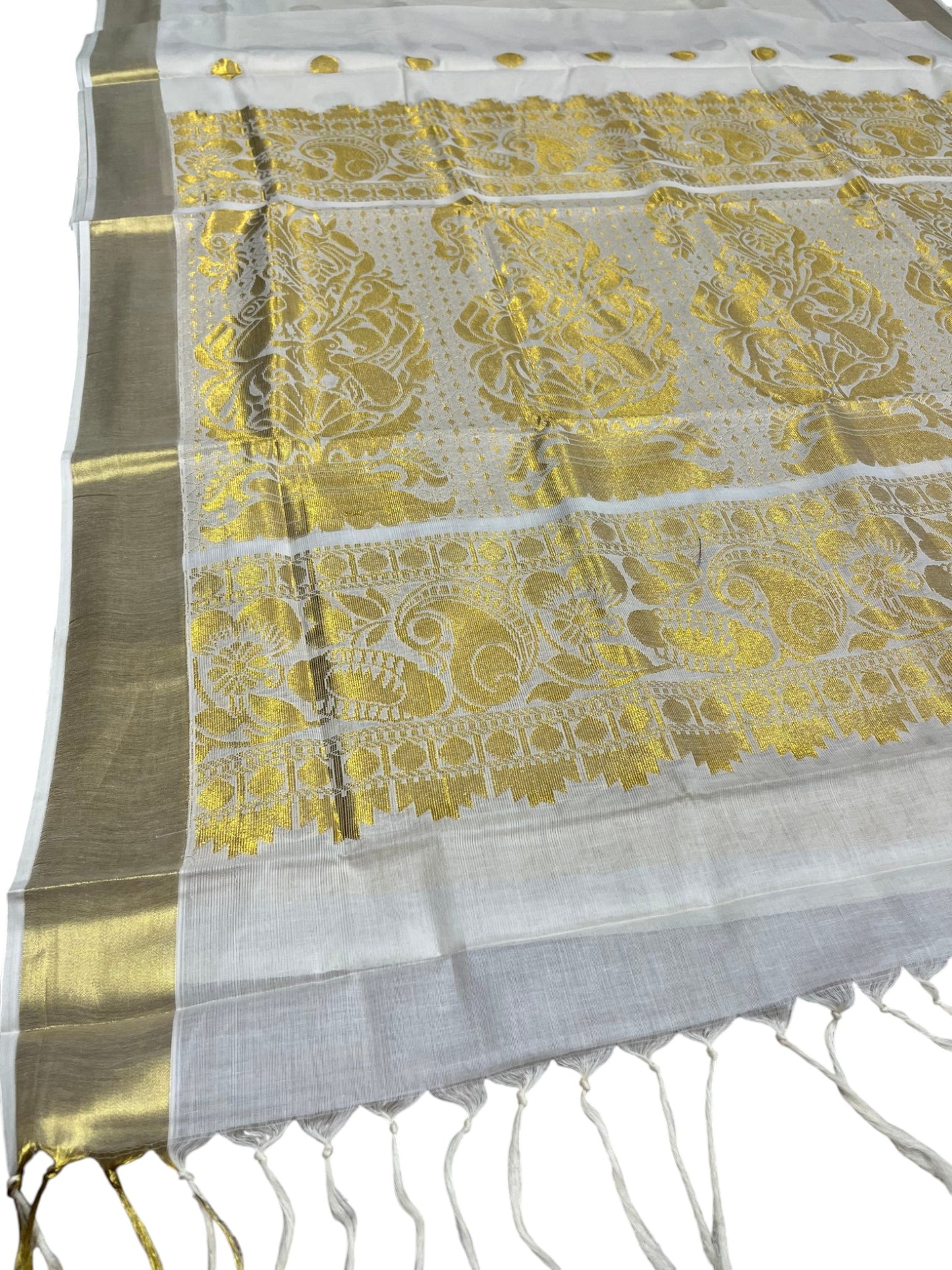 Southloom Pure Cotton Kerala Kasavu Heavy Work Saree with Paisley Floral Woven Design
