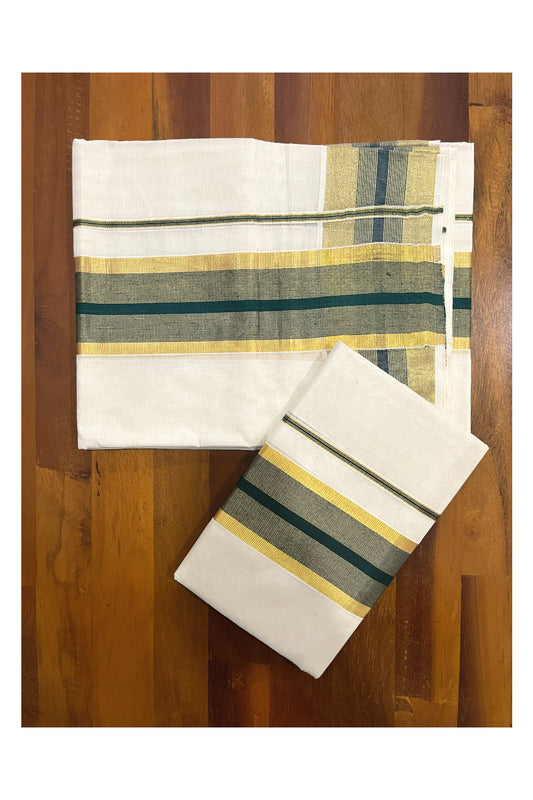 Southloom Pure Cotton Kerala Set Mundu (Mundum Neriyathum) Single with Dark Green and Kasavu Border 2.80 Mtrs SLKK