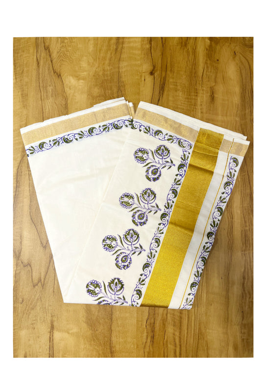 Southloom Cotton Kerala Kasavu Saree with Olive Green and Violet Block Prints On Border