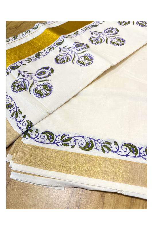 Southloom Cotton Kerala Kasavu Saree with Olive Green and Violet Block Prints On Border