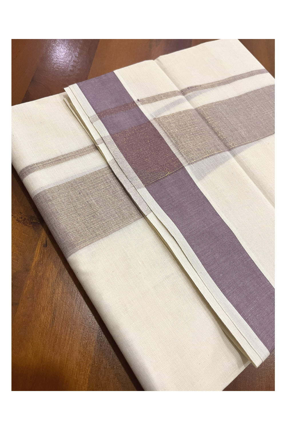 Pure Cotton Kerala Double Mundu with Light Purple Kasavu Kara (South Indian Kerala Dhoti)