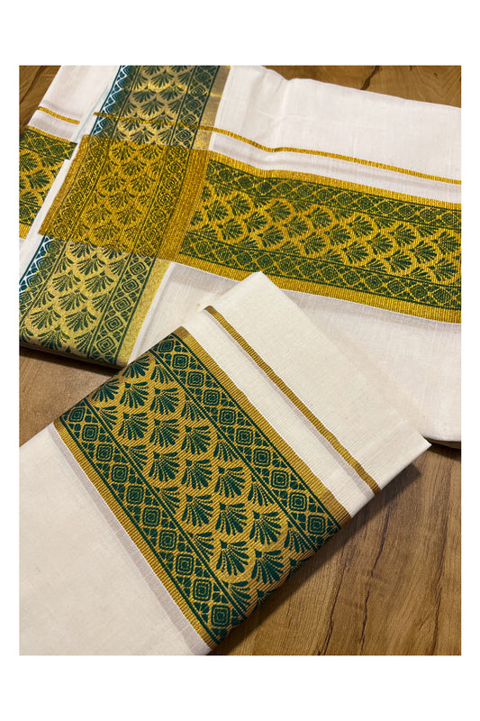 Kerala Pure Cotton Set Mundu Single (Mundum Neriyathum) with Green Block Prints on Kasavu Border 2.80Mtrs