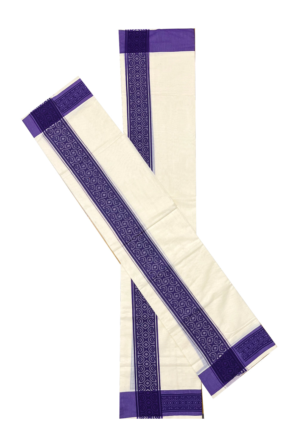 Kerala Cotton Single Set Mundu (Mundum Neriyathum) with Violet Block print Border 2.80Mtrs