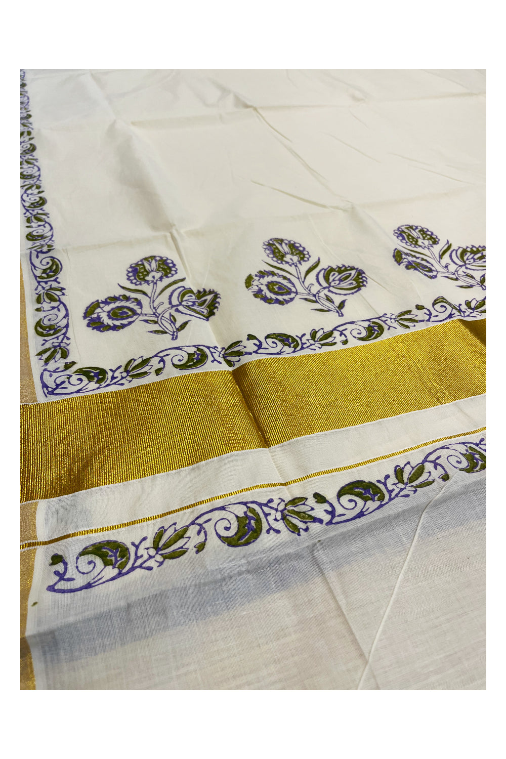 Southloom Cotton Kerala Kasavu Saree with Olive Green and Violet Block Prints On Border