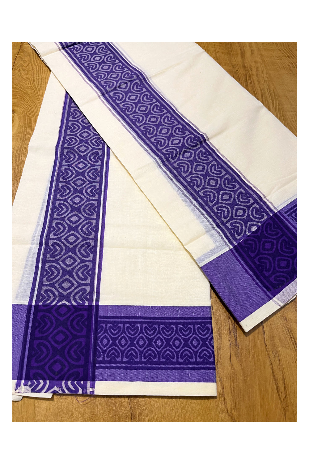 Kerala Cotton Single Set Mundu (Mundum Neriyathum) with Violet Block print Border 2.80Mtrs