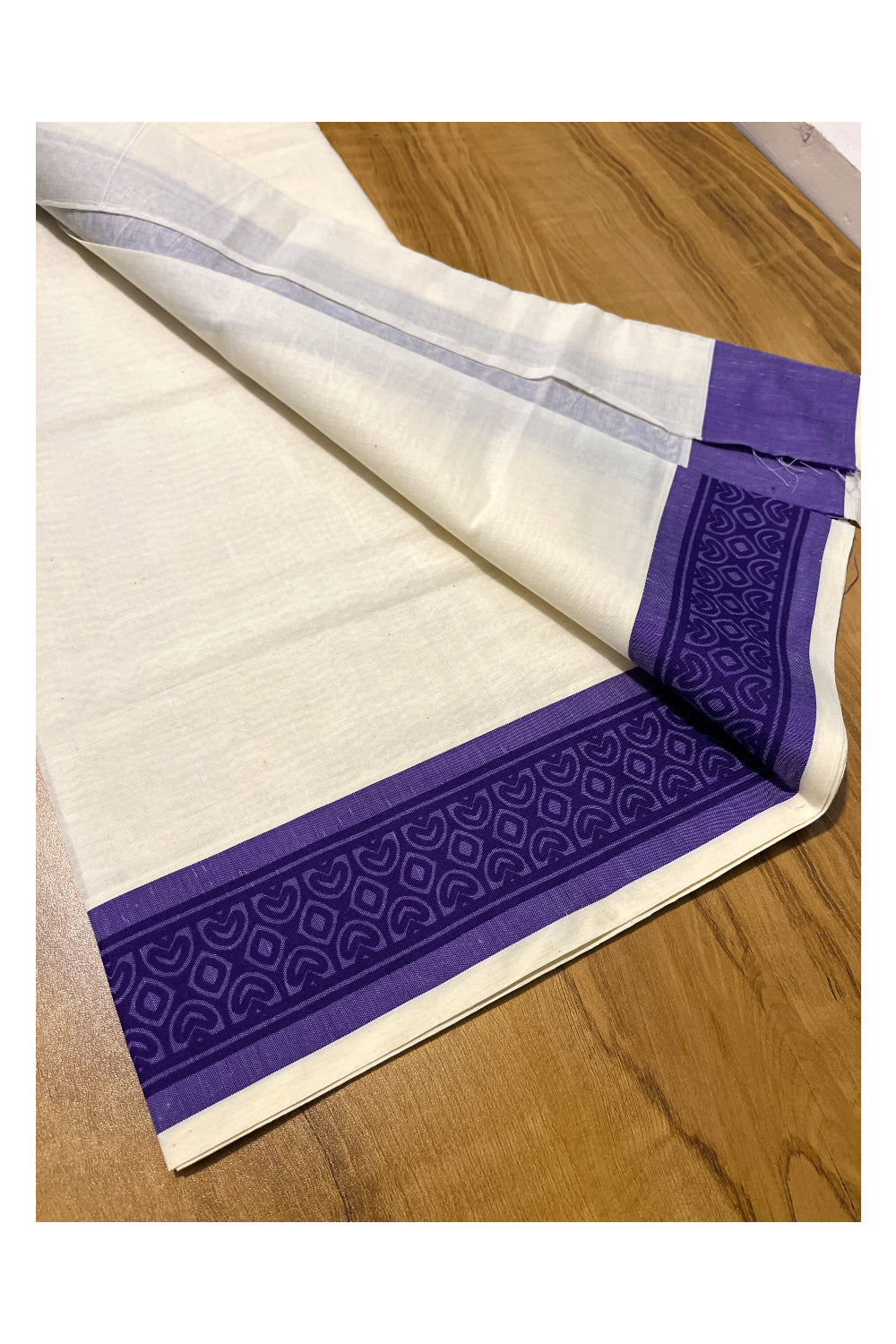 Kerala Cotton Single Set Mundu (Mundum Neriyathum) with Violet Block print Border 2.80Mtrs