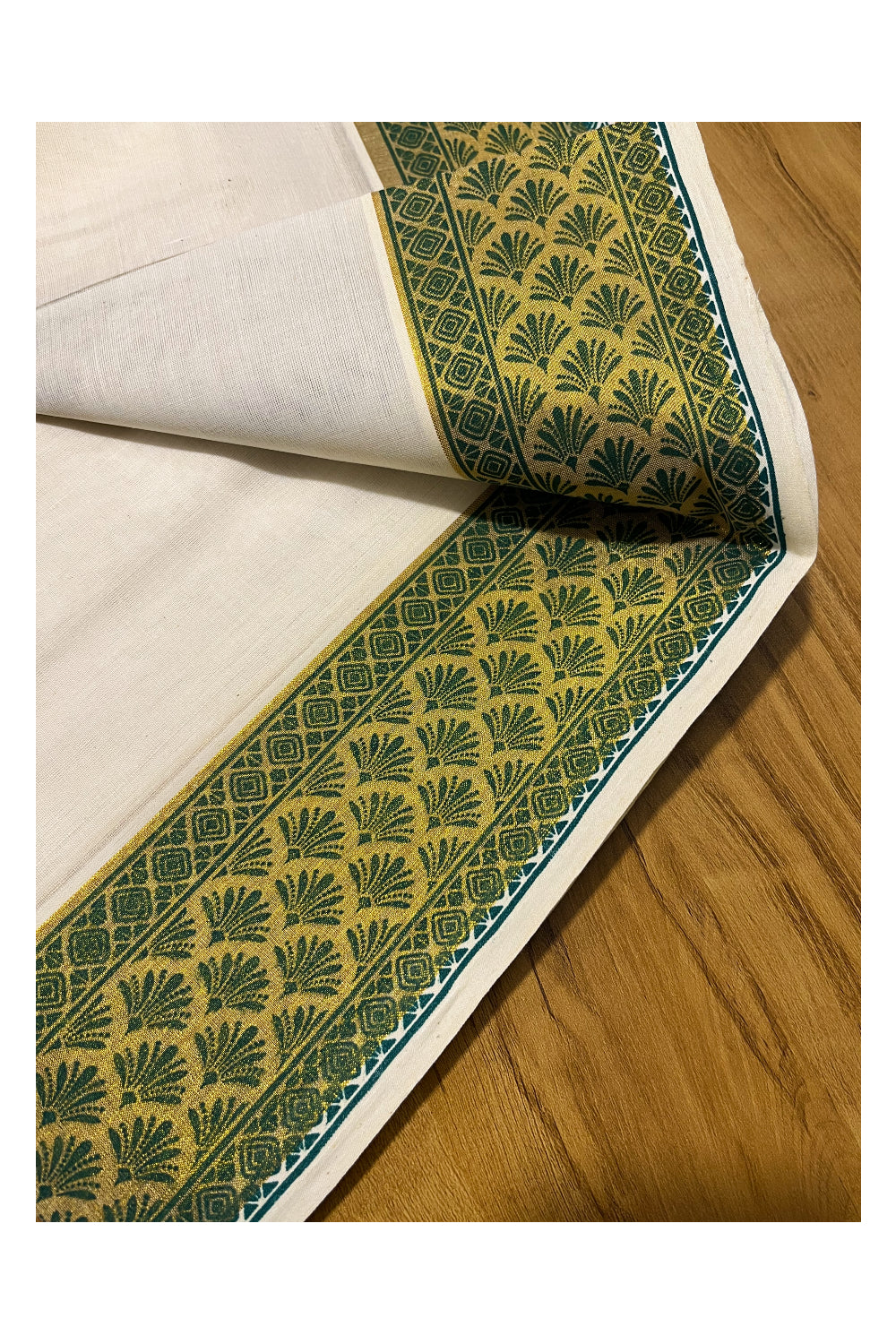 Kerala Pure Cotton Set Mundu Single (Mundum Neriyathum) with Green Block Prints on Kasavu Border 2.80Mtrs
