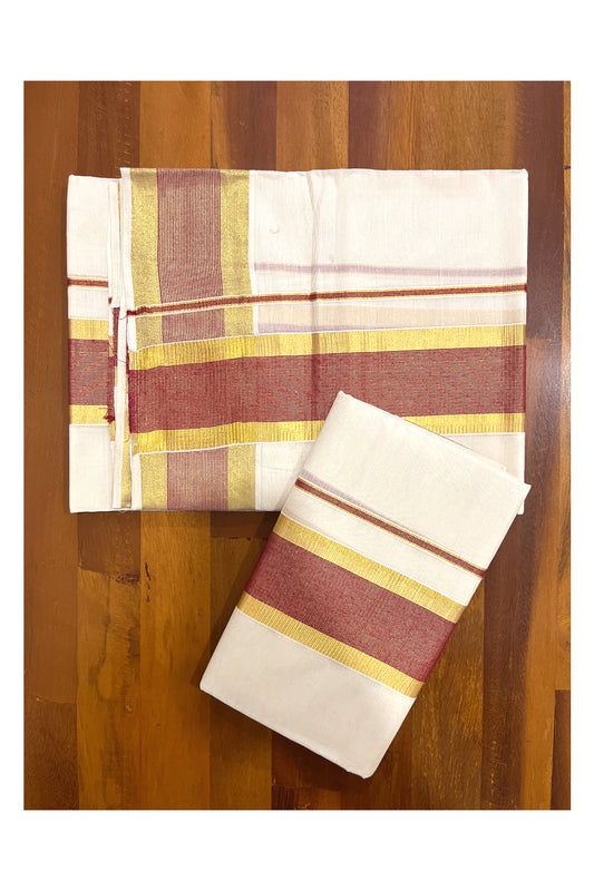 Southloom Pure Cotton Kerala Onam 2023 Set Mundu (Mundum Neriyathum) Single with Maroon and Kasavu Border 2.80 Mtrs SLKK