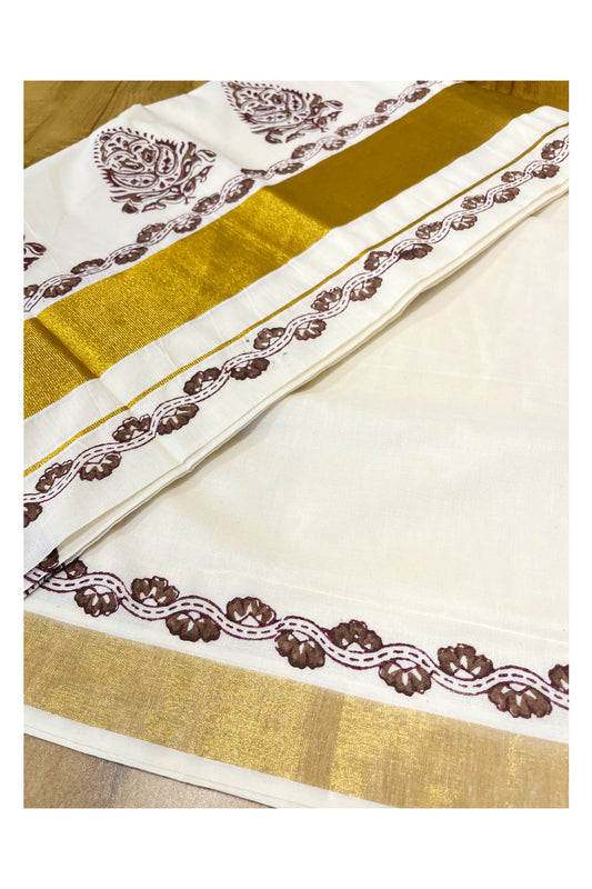 Southloom Cotton Kerala Kasavu Saree with Block Prints On Border