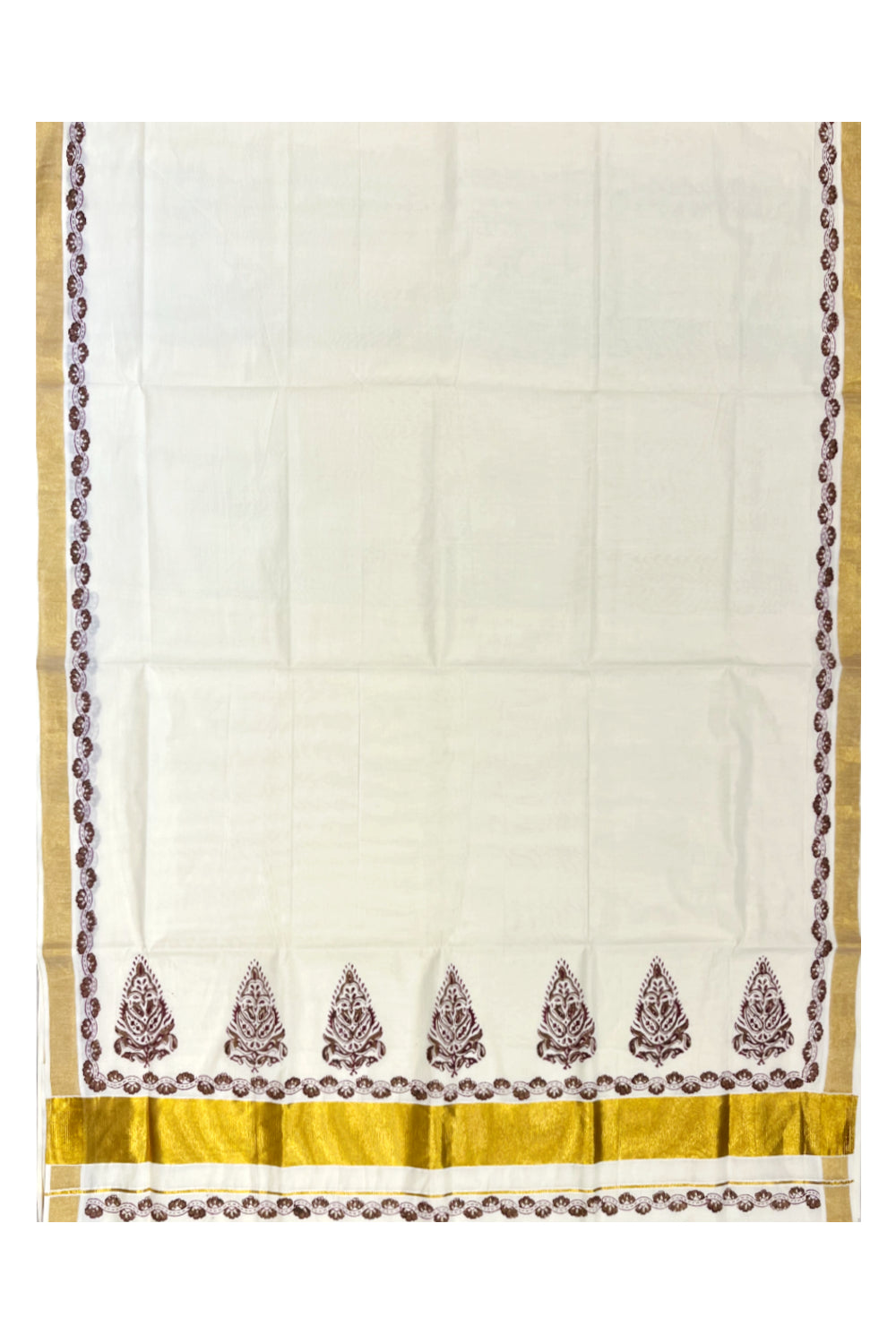 Southloom Cotton Kerala Kasavu Saree with Block Prints On Border