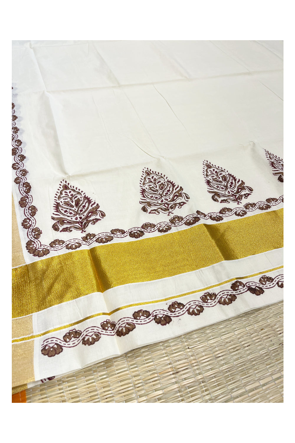 Southloom Cotton Kerala Kasavu Saree with Block Prints On Border