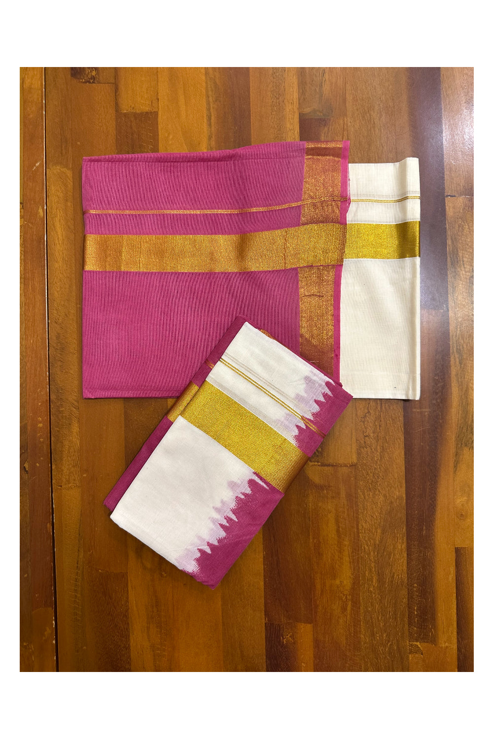 Southloom Tie & Dye - Half & Half Multi Colour Magenta Design Set Mundu (Mundum Neriyathum) in 2.80 m Neriyathu (Extra Length)