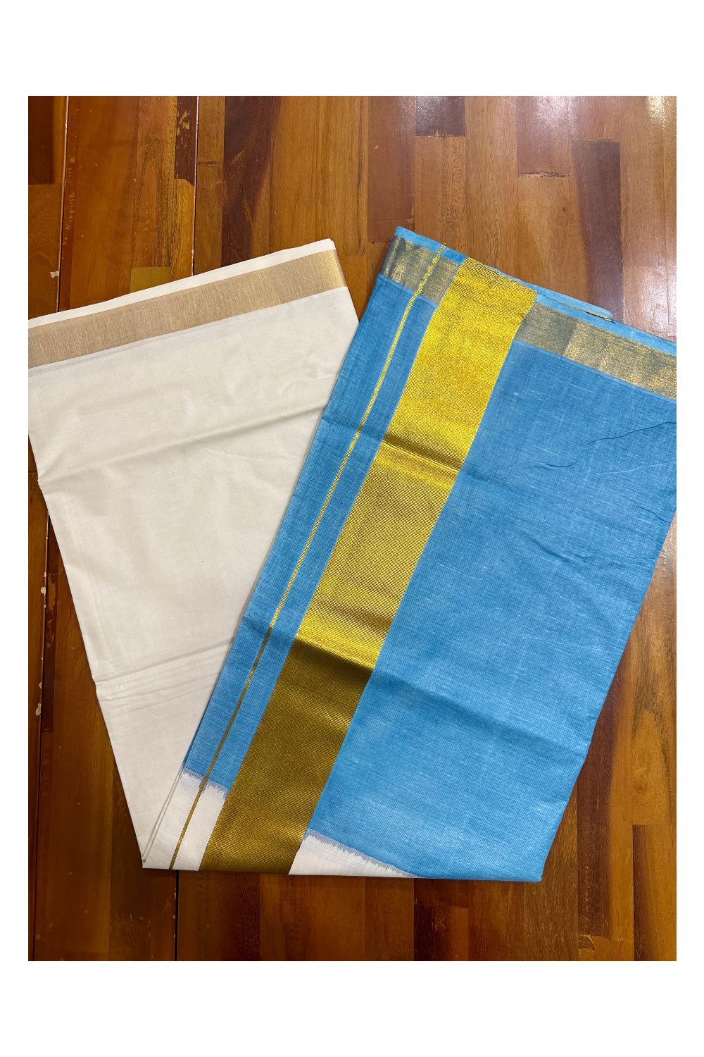 Southloom Tie and Dye Multi Colour Blue Kasavu Saree