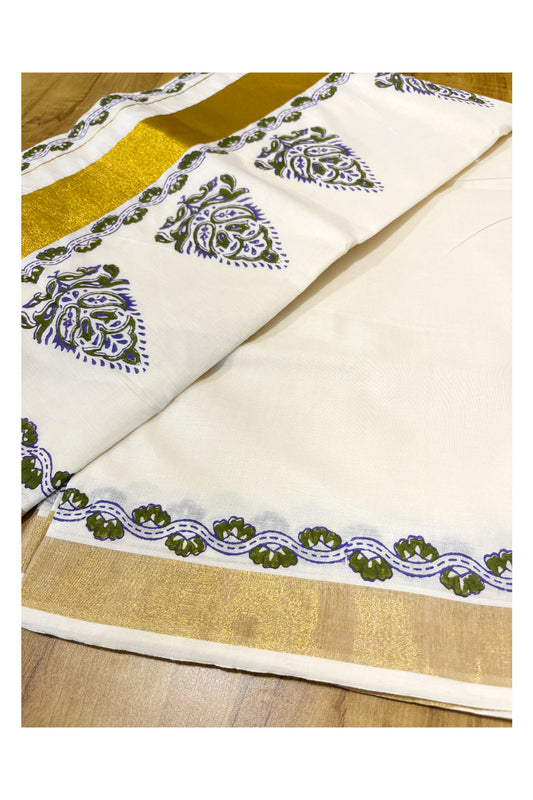 Southloom Cotton Kerala Kasavu Saree with Olive Green and Violet Block Prints On Border