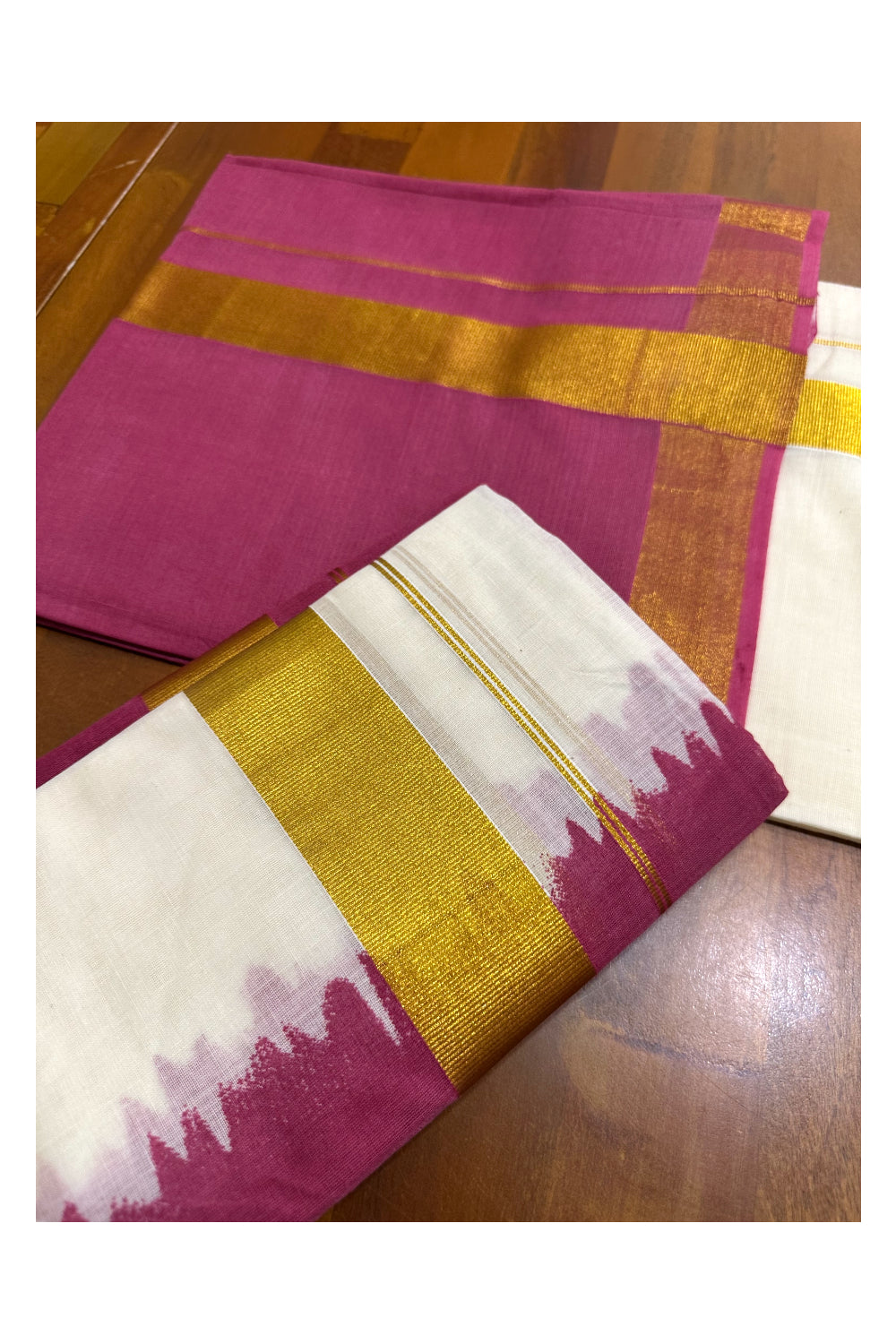 Southloom Tie & Dye - Half & Half Multi Colour Magenta Design Set Mundu (Mundum Neriyathum) in 2.80 m Neriyathu (Extra Length)