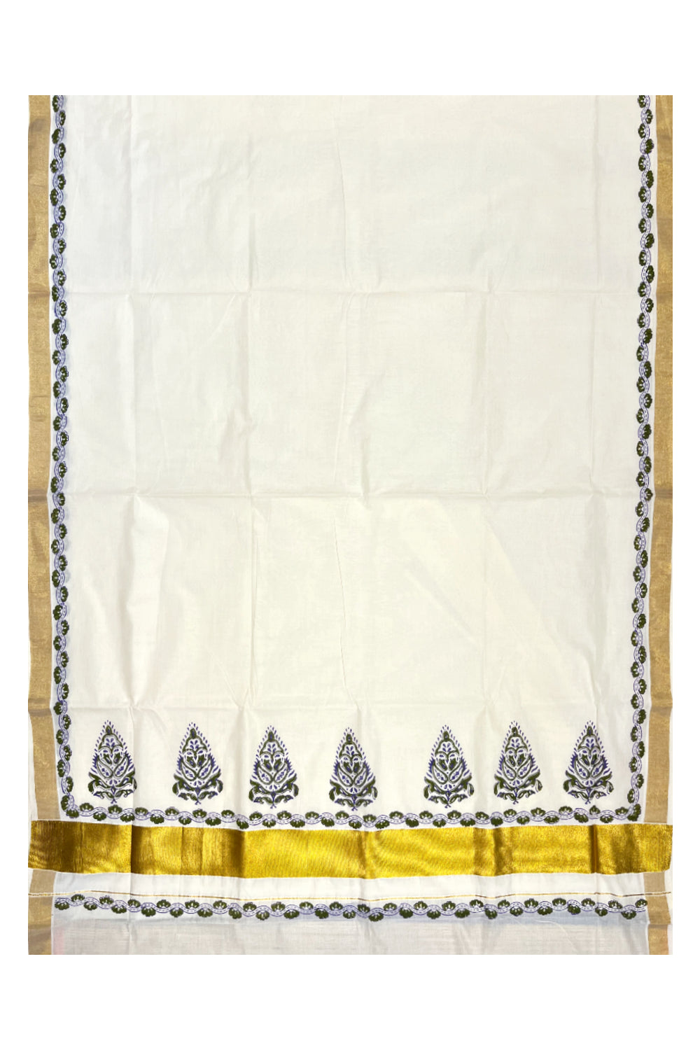 Southloom Cotton Kerala Kasavu Saree with Olive Green and Violet Block Prints On Border