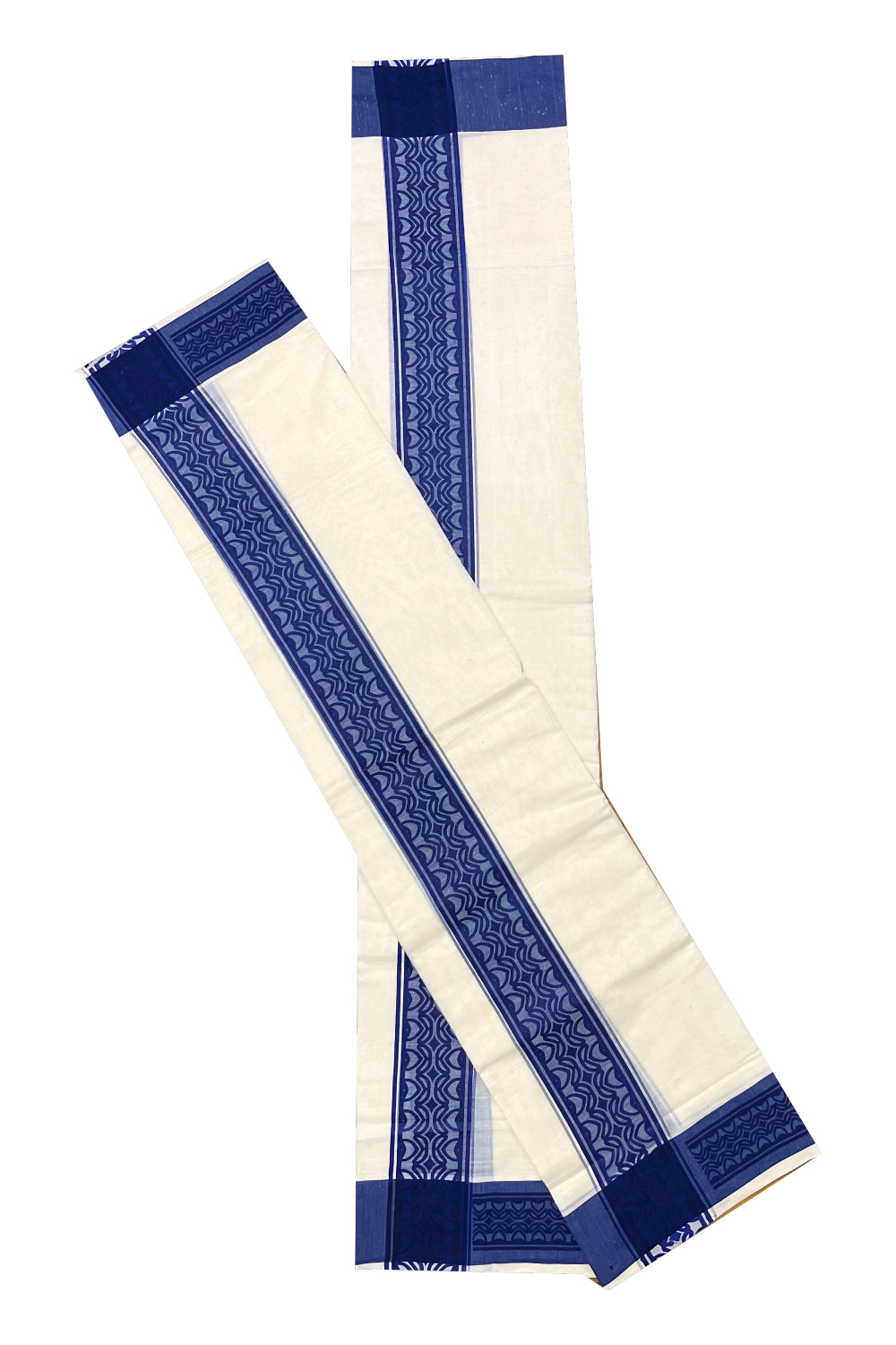 Kerala Cotton Single Set Mundu (Mundum Neriyathum) with Blue Block print Border 2.80Mtrs