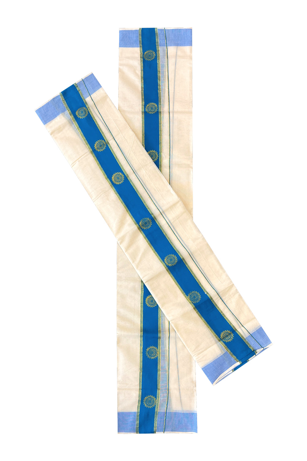 Cotton Single Set Mundu (Mundu Neriyathum) with Golden Block Prints on Light Blue Border