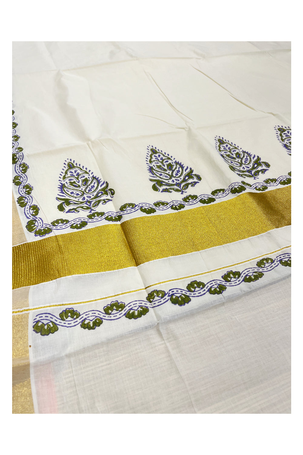 Southloom Cotton Kerala Kasavu Saree with Olive Green and Violet Block Prints On Border