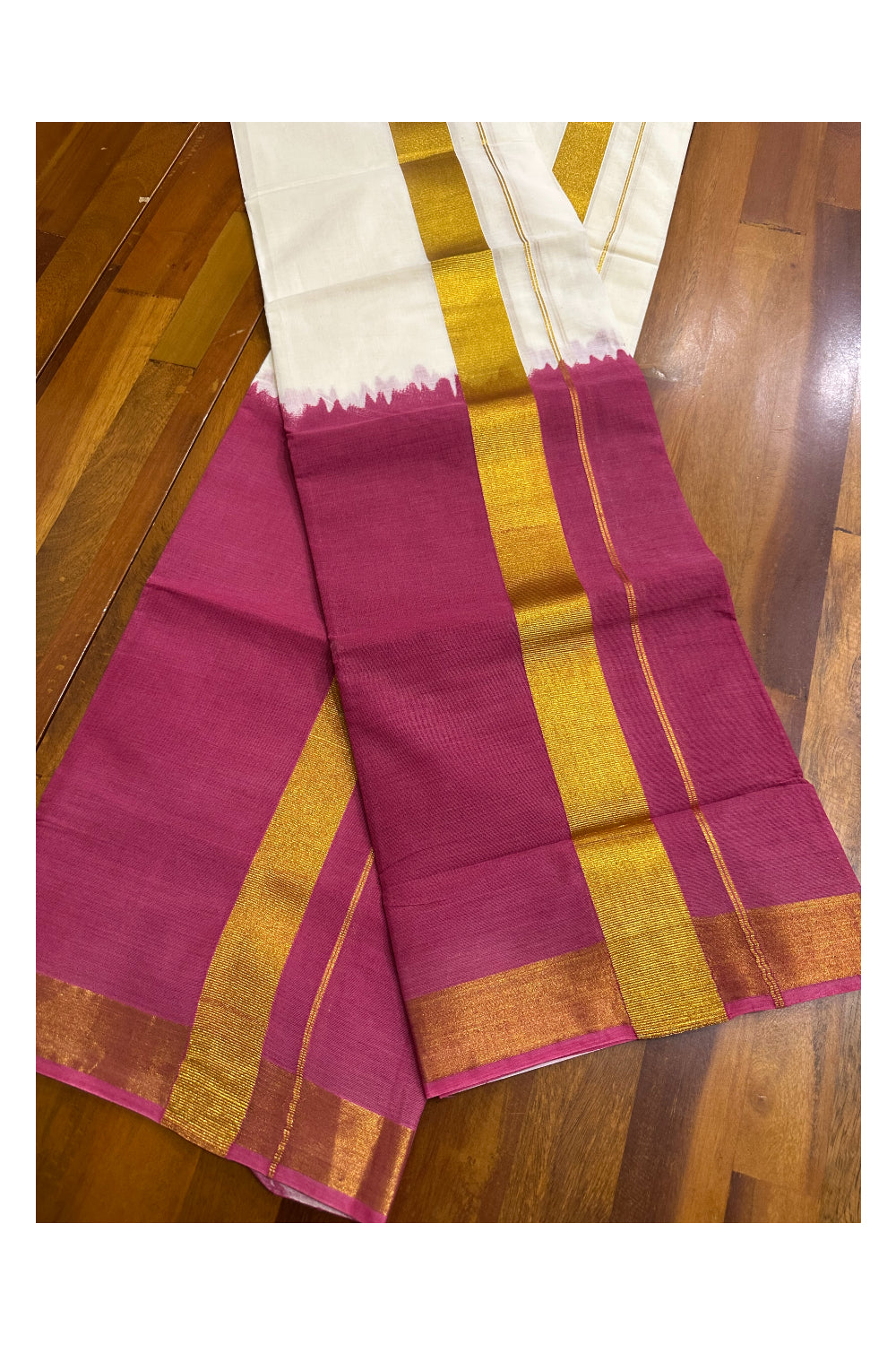 Southloom Tie & Dye - Half & Half Multi Colour Magenta Design Set Mundu (Mundum Neriyathum) in 2.80 m Neriyathu (Extra Length)
