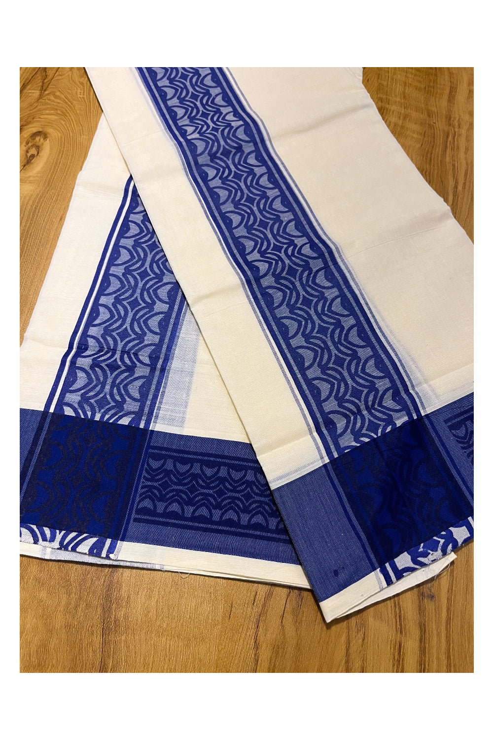 Kerala Cotton Single Set Mundu (Mundum Neriyathum) with Blue Block print Border 2.80Mtrs