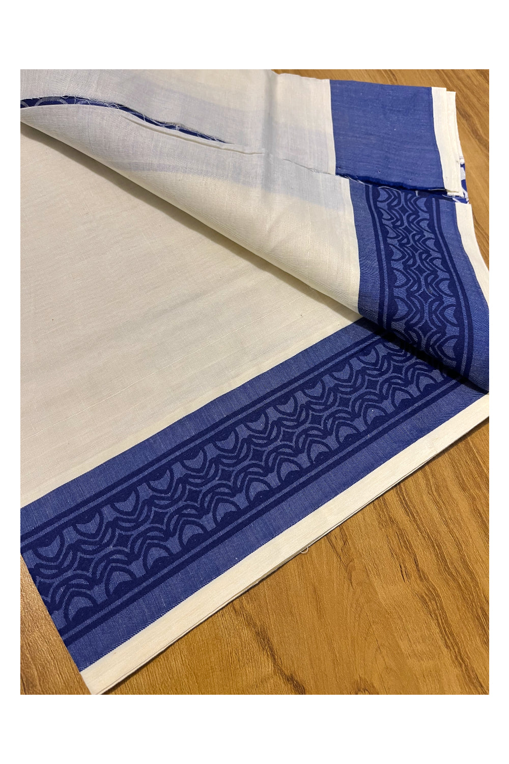 Kerala Cotton Single Set Mundu (Mundum Neriyathum) with Blue Block print Border 2.80Mtrs