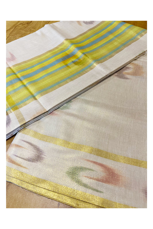 Southloom Kerala Tissue Kasavu Saree with Multi Colour Pochampally Design on Borders and Kara