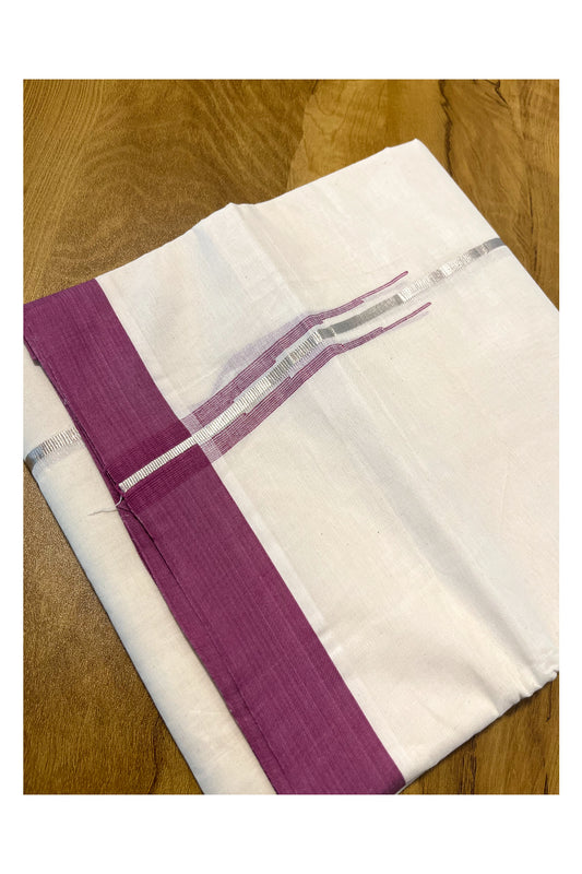 Pure Cotton Off White Double Mundu with Silver Kasavu and Purple Chutti Border (South Indian Kerala Dhoti)