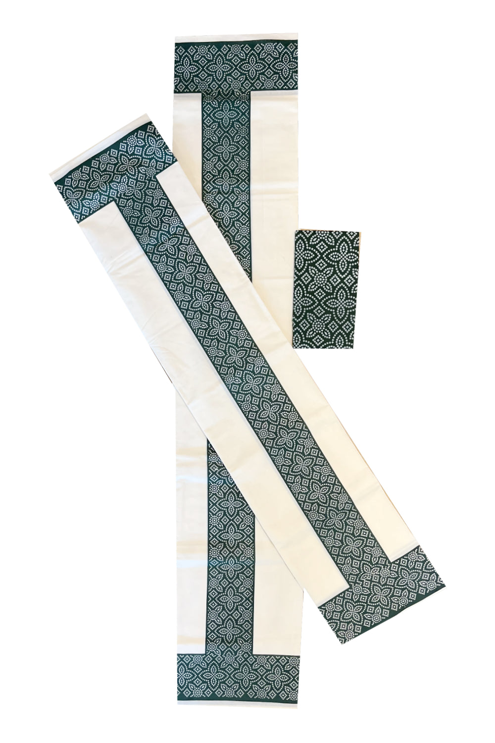 Kerala Cotton Single Set Mundu (Mundum Neriyathum) with Green Block printed Border And Matching Blouse Piece (2.80 Mtrs)