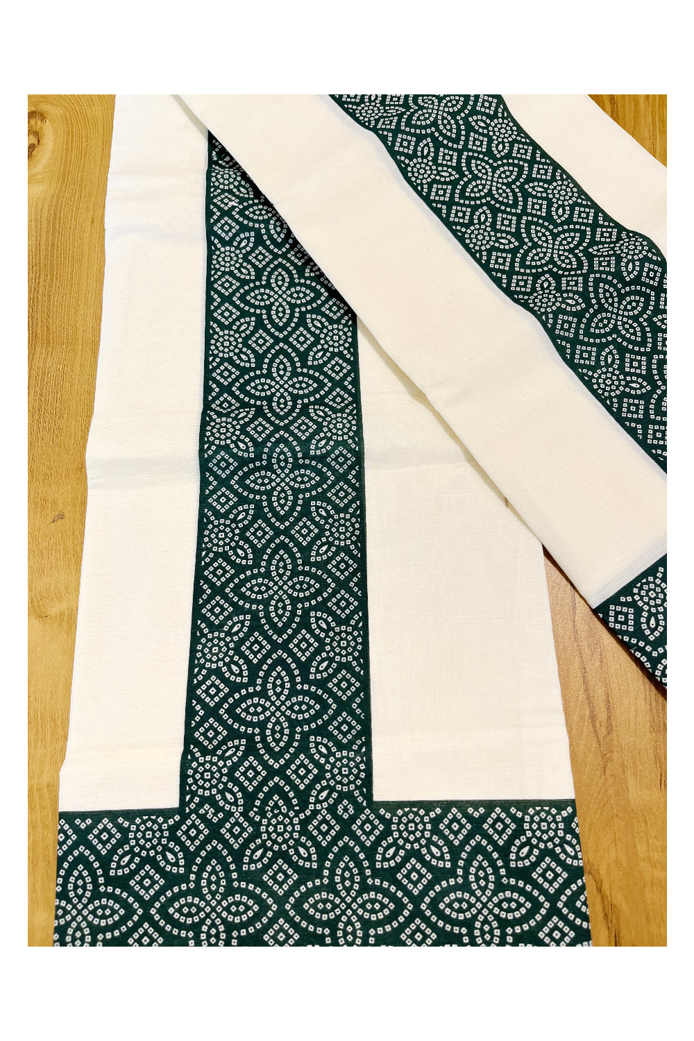 Kerala Cotton Single Set Mundu (Mundum Neriyathum) with Green Block printed Border And Matching Blouse Piece (2.80 Mtrs)