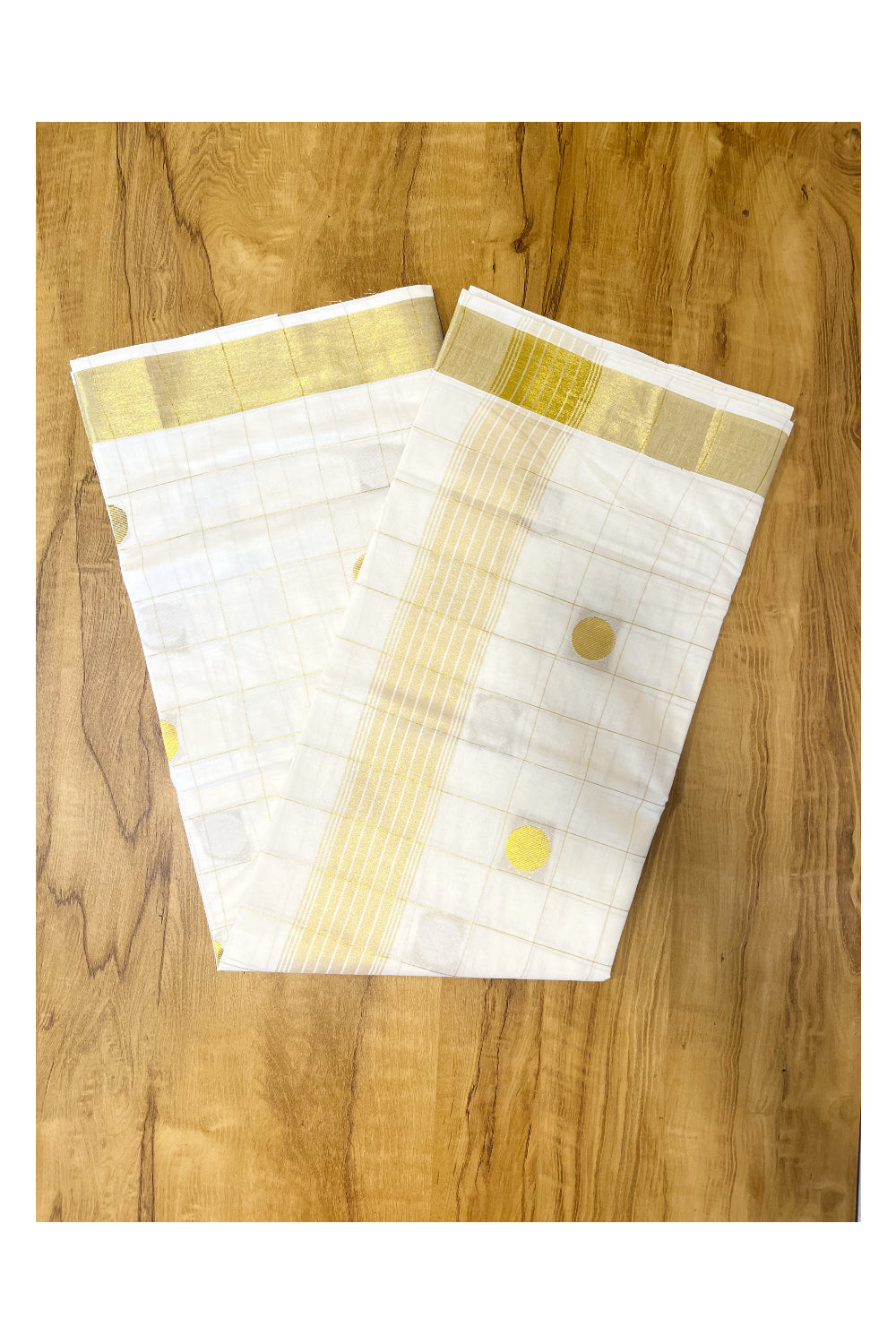 Kerala Cotton Kasavu Check Saree with Polka Designs on Body and Pallu