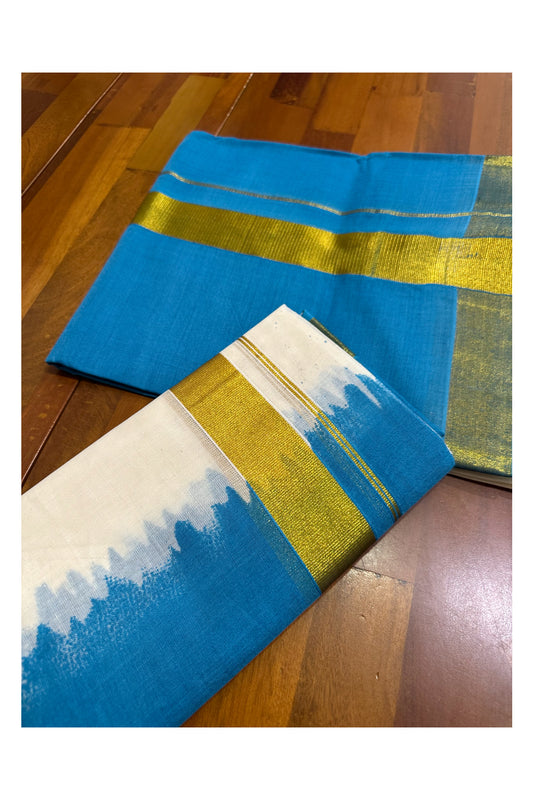 Southloom Tie & Dye - Half & Half Multi Colour Blue Design Set Mundu (Mundum Neriyathum) in 2.80 m Neriyathu (Extra Length)