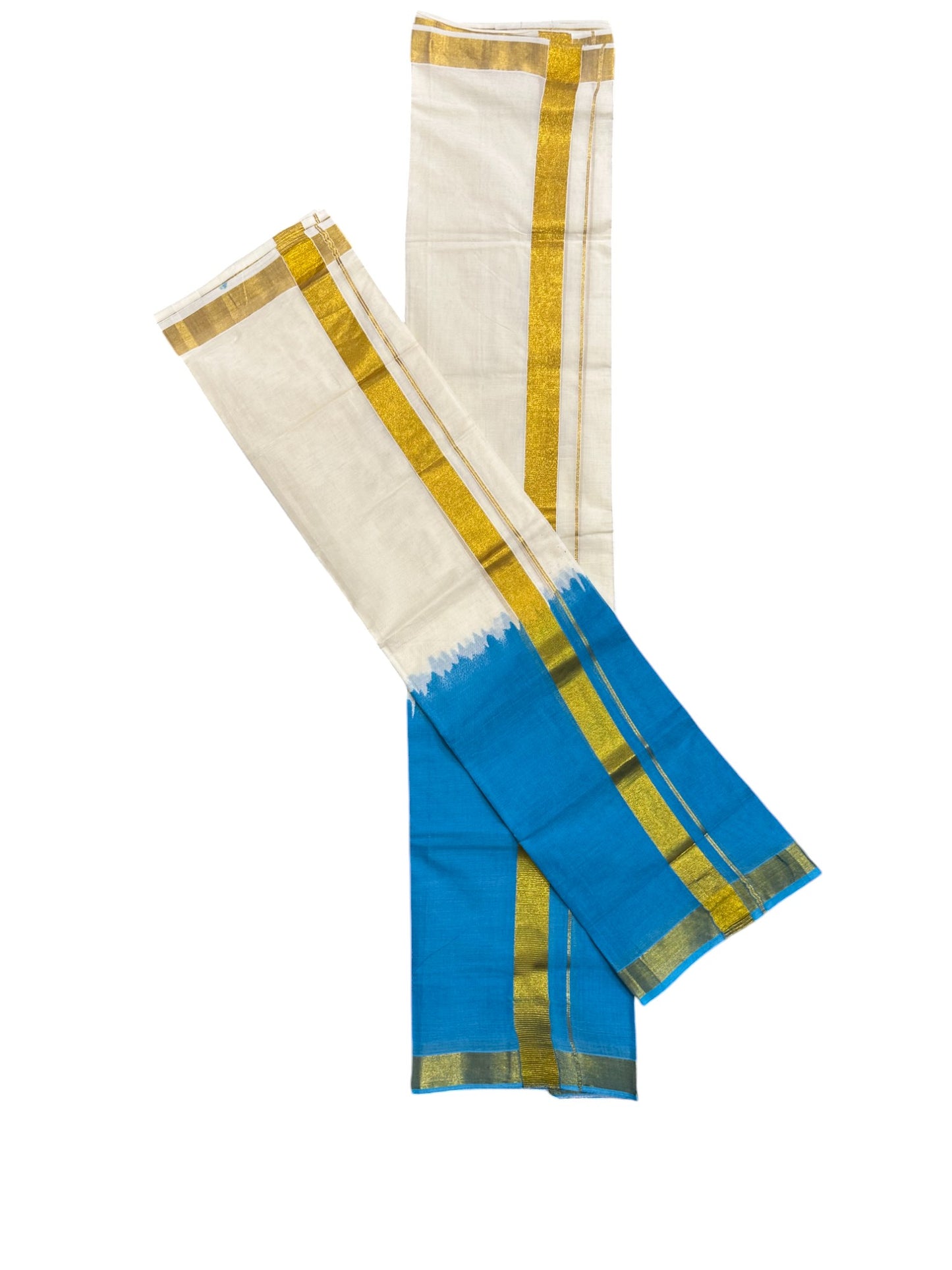 Southloom Tie & Dye - Half & Half Multi Colour Blue Design Set Mundu (Mundum Neriyathum) in 2.80 m Neriyathu (Extra Length)