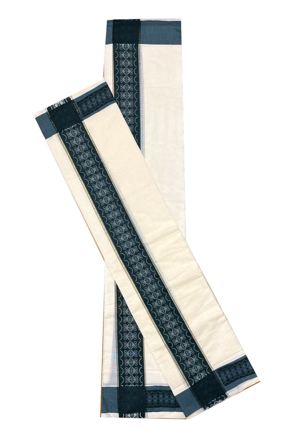 Kerala Cotton Single Set Mundu (Mundum Neriyathum) with Green Block print Border 2.80Mtrs