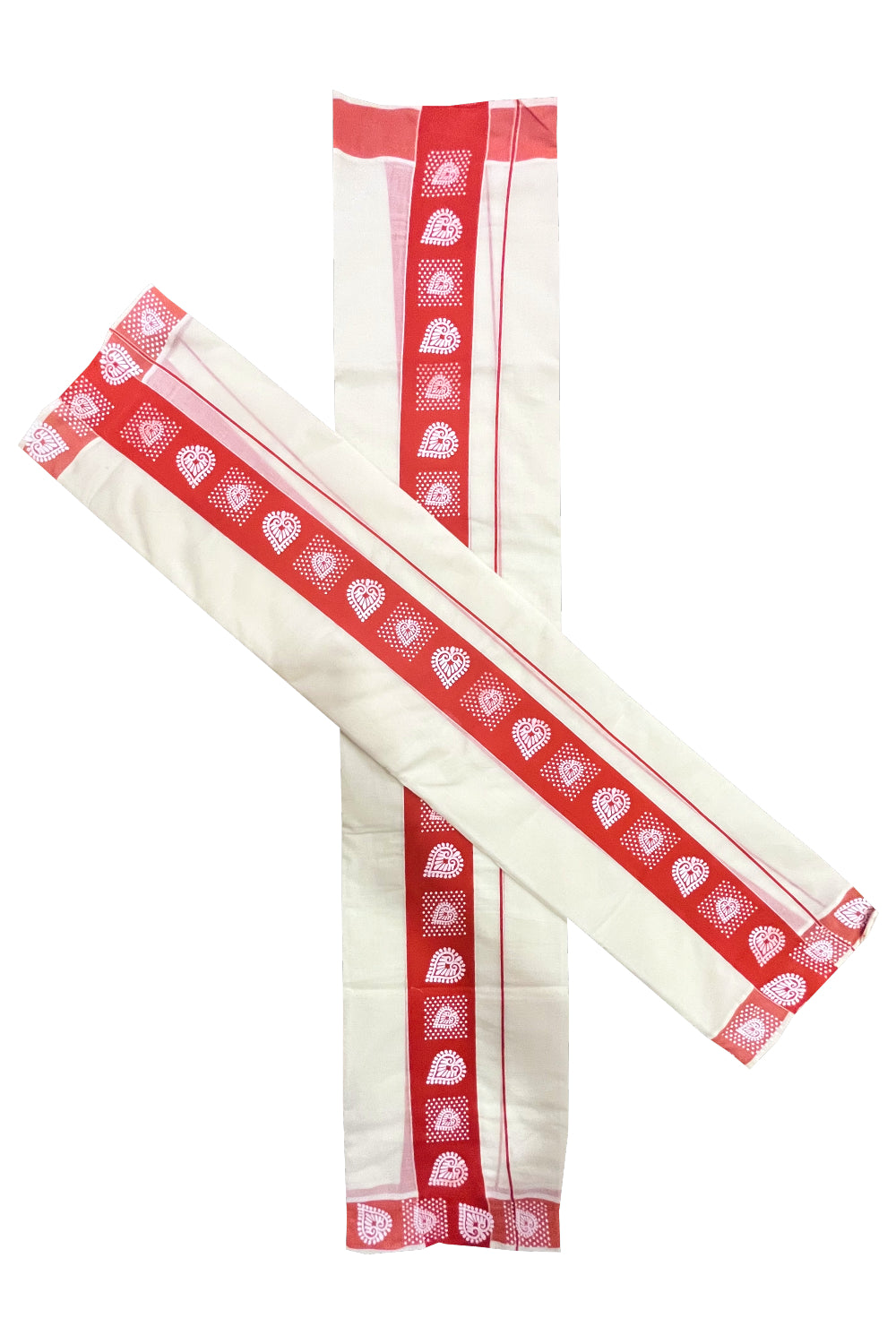 Kerala Cotton Single Set Mundu (Mundum Neriyathum) with Block Prints in Orange Border
