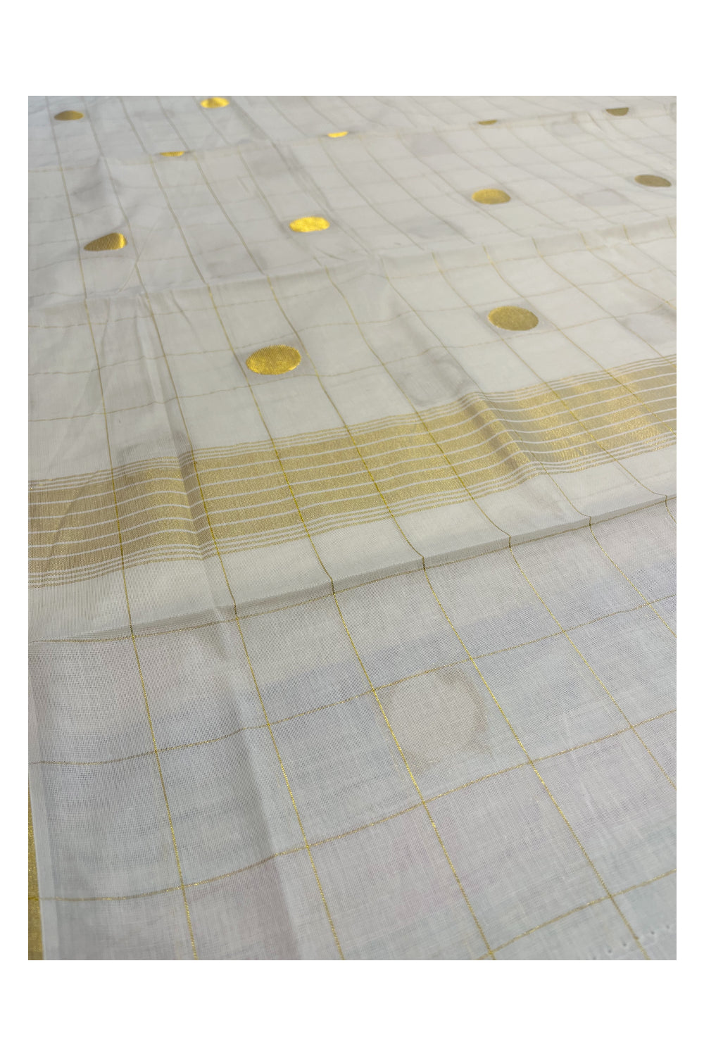 Kerala Cotton Kasavu Check Saree with Polka Designs on Body and Pallu