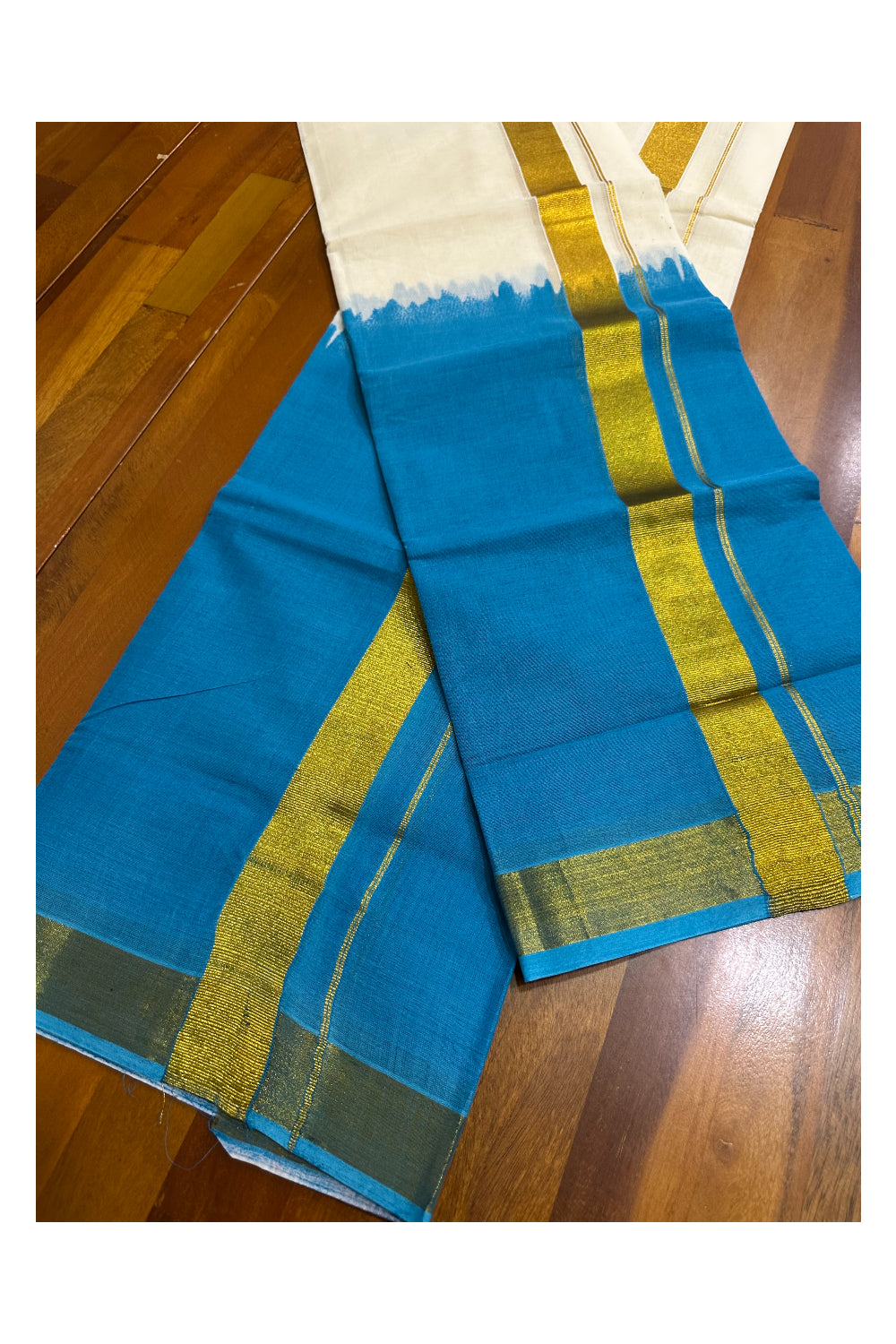 Southloom Tie & Dye - Half & Half Multi Colour Blue Design Set Mundu (Mundum Neriyathum) in 2.80 m Neriyathu (Extra Length)