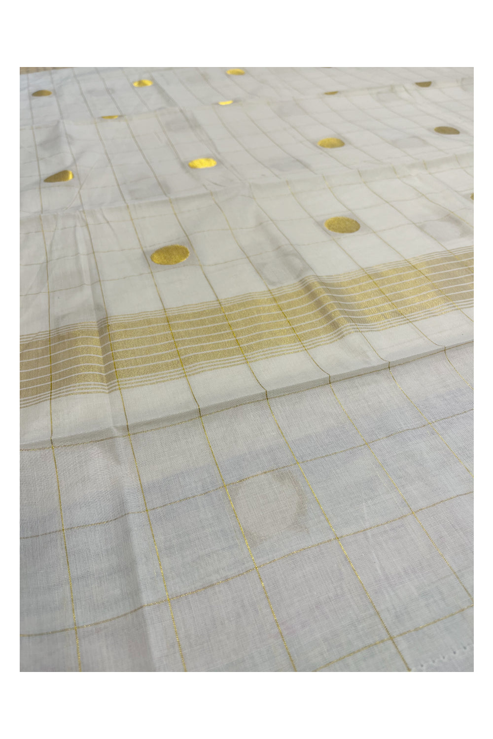 Kerala Cotton Kasavu Check Saree with Polka Designs on Body and Pallu