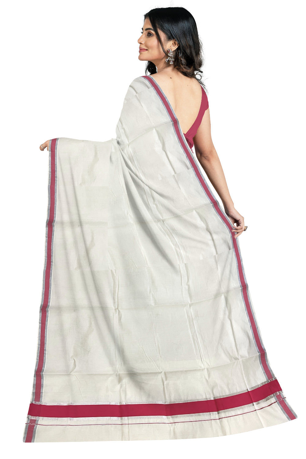 Pure Cotton Kerala Saree with Pink and Silver Kasavu Border