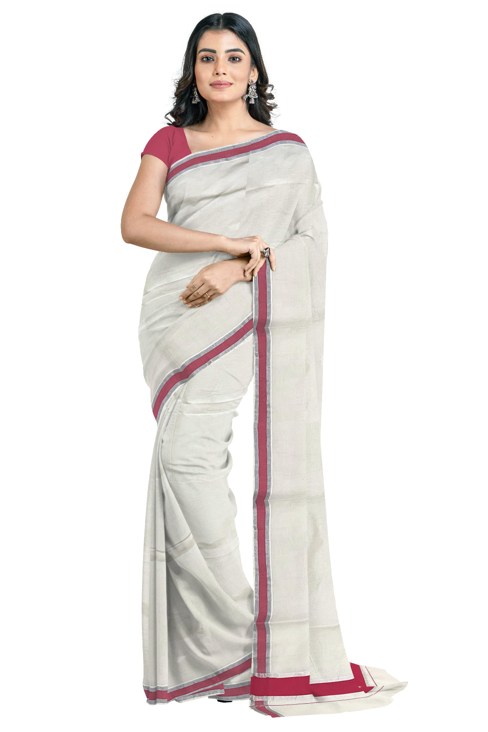 Pure Cotton Kerala Saree with Pink and Silver Kasavu Border
