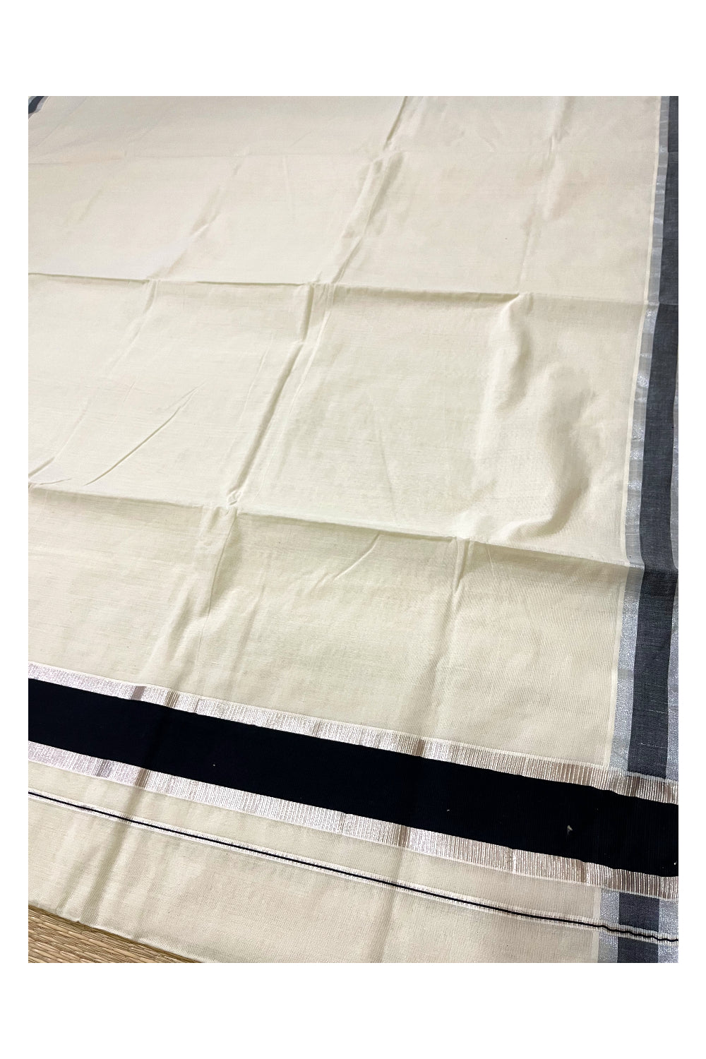 Pure Cotton Kerala Saree with Black and Silver Kasavu Border
