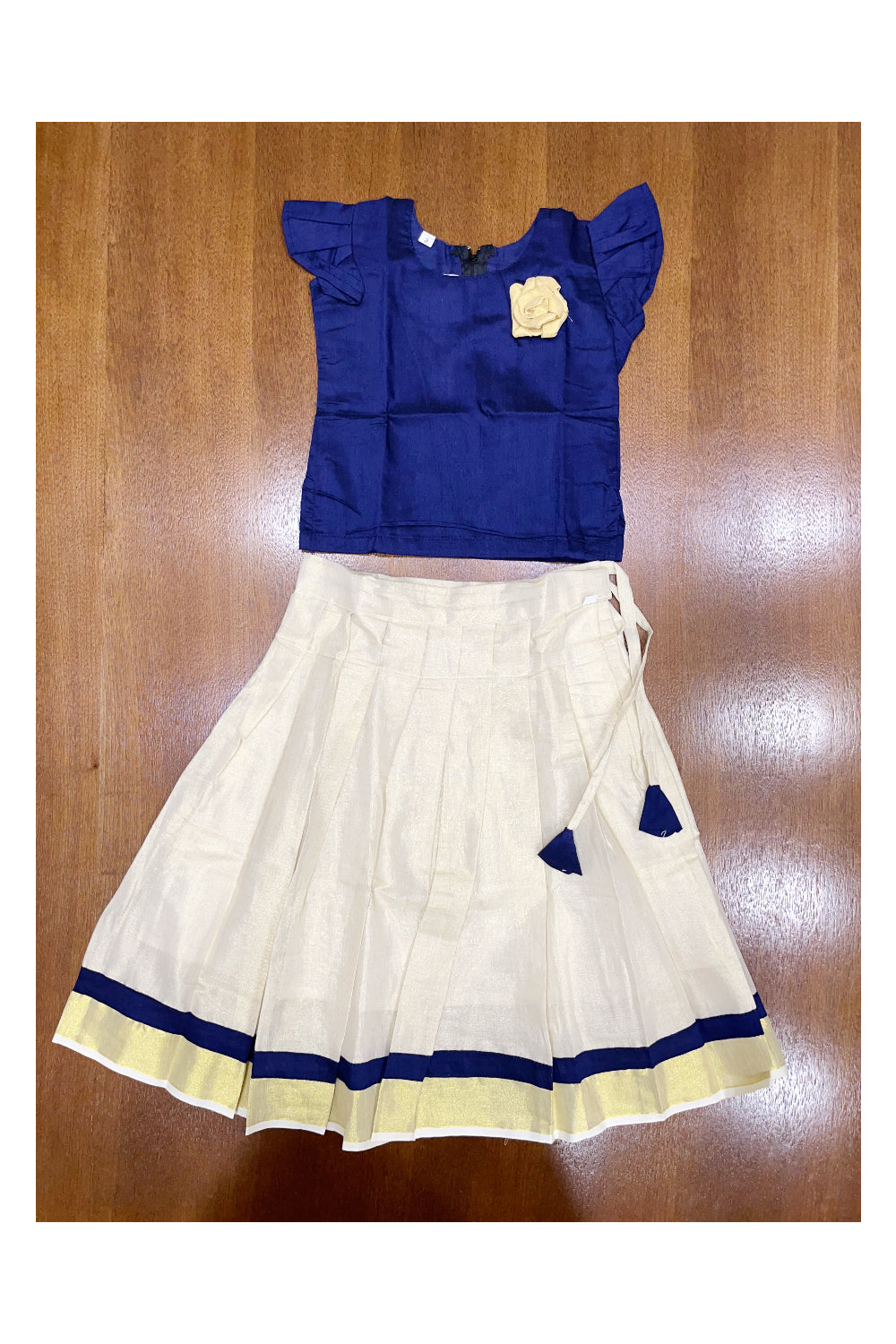 Southloom Kerala Blue Pattupavada and Blouse with Flower Design (Age 2- 5)
