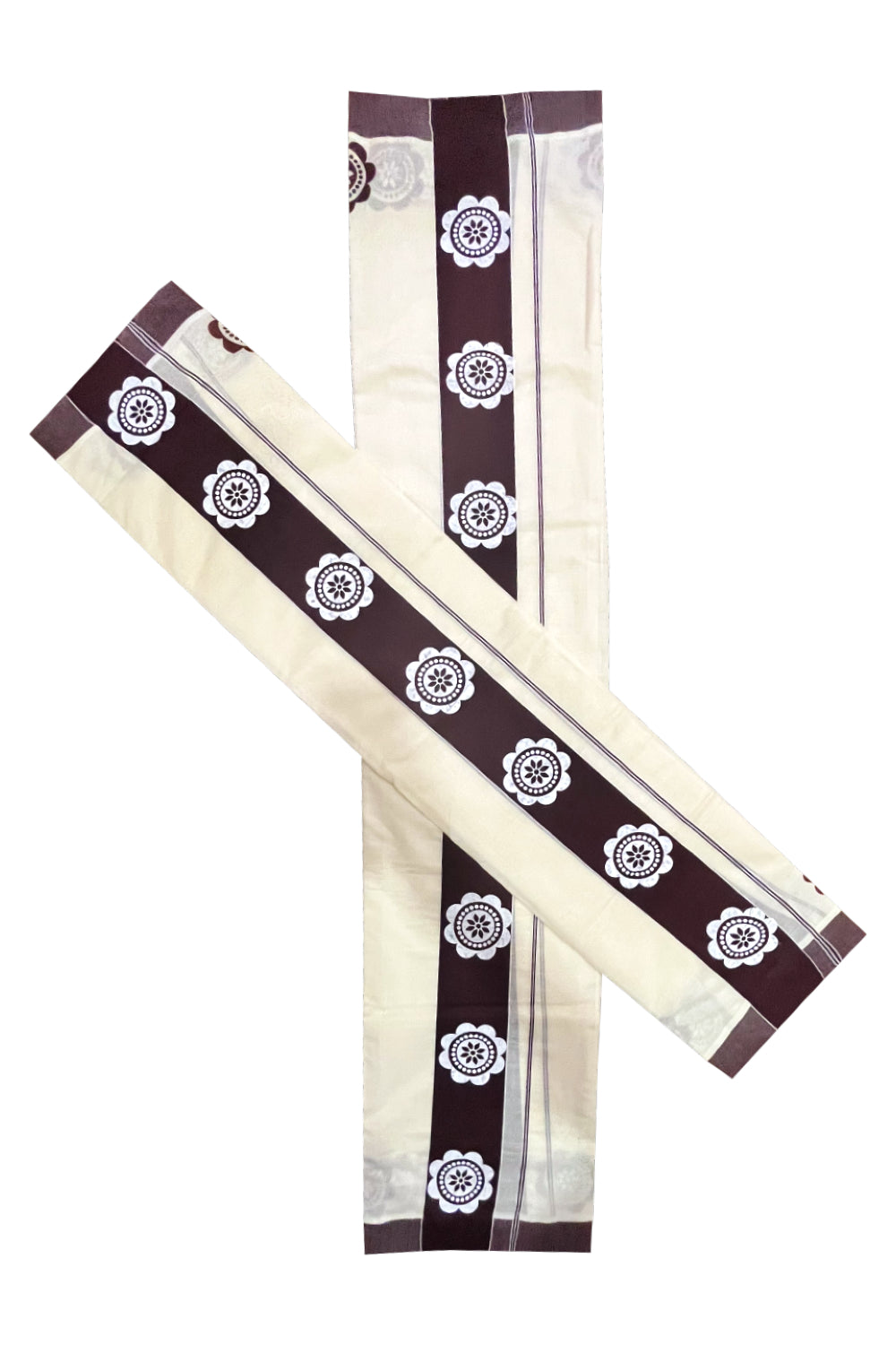 Kerala Cotton Single Set Mundu (Mundum Neriyathum) with Block Prints in Brown Border