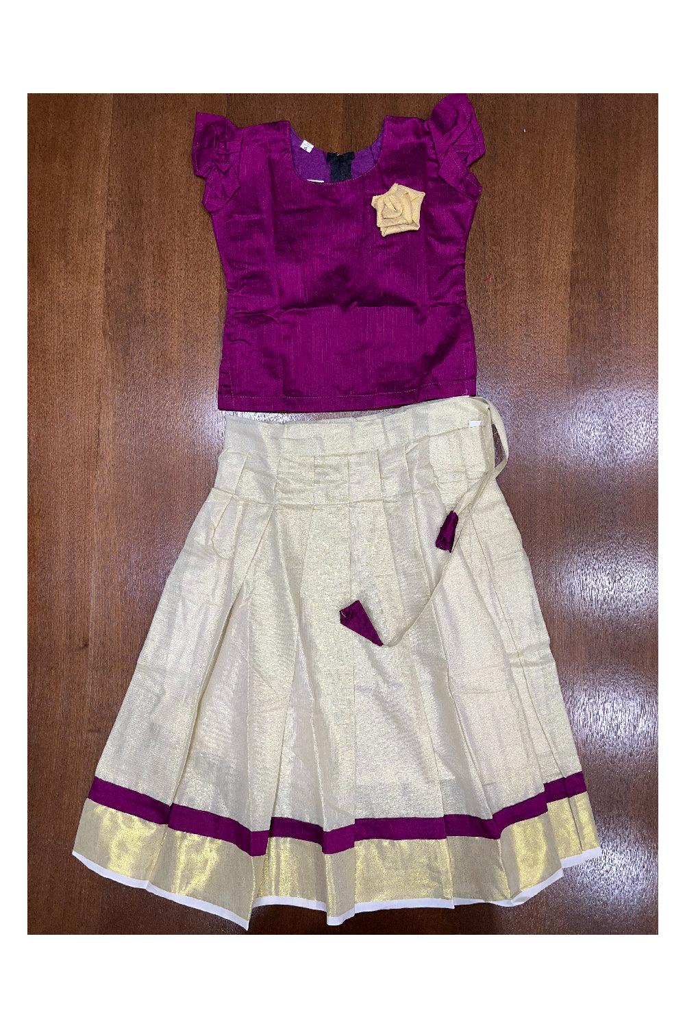 Southloom Kerala Maganta Pattupavada and Blouse with Flower Design (Age 1- 5)