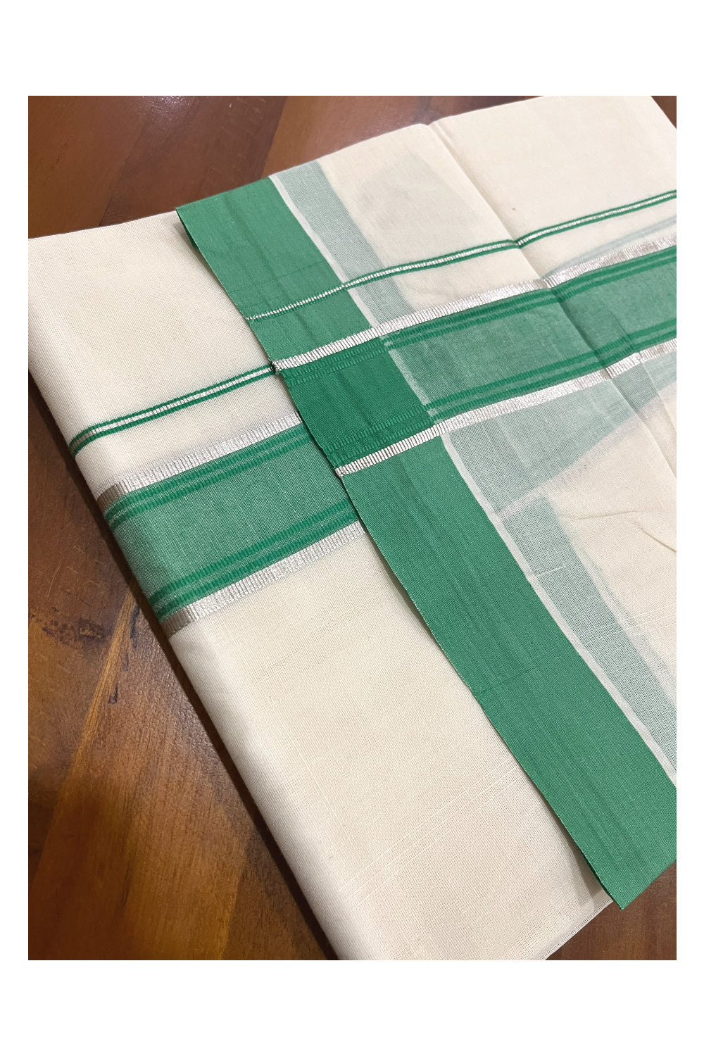 Pure Cotton Kerala Double Mundu with Green and Silver Kasavu Kara (South Indian Kerala Dhoti)