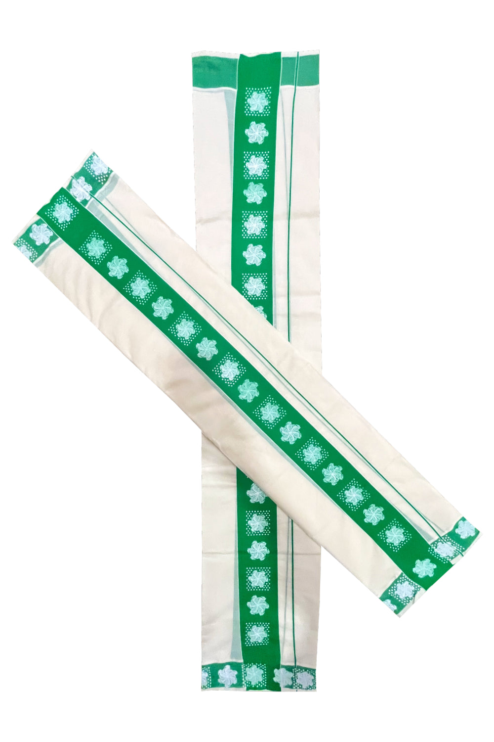 Kerala Cotton Single Set Mundu (Mundum Neriyathum) with Block Prints in Green Border